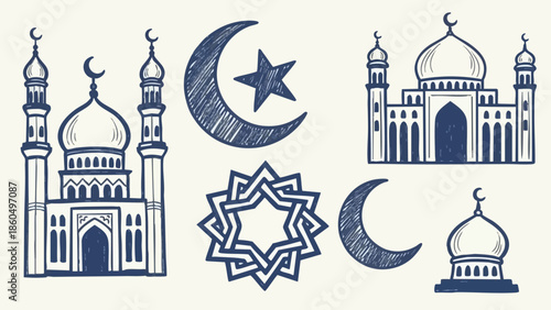 Hand drawn vector art set of islamic mosque buildings crescent moon star and geometric star ornament detailed sketch icons in navy blue line art style with cultural religious theme