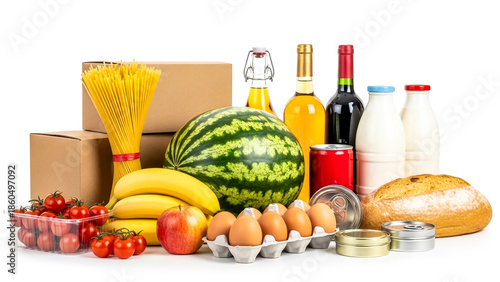 Essential assortment of diverse grocery items including fresh produce beverages canned goods pasta and packaged staples arranged together symbolizing food donation or pantry supply collection on a cle