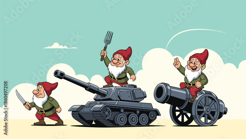 Humorous cartoon illustration of three garden gnomes preparing for battle with a tank, a cannon, and cutlery weapons in a playful war scene.