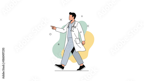 Modern flat design illustration of a male doctor in a lab coat walking and pointing, with abstract colorful shapes in the background.