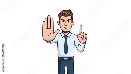 Serious cartoon businessman in a shirt and tie making a stop gesture with his hand and wagging a finger to deny or forbid something.