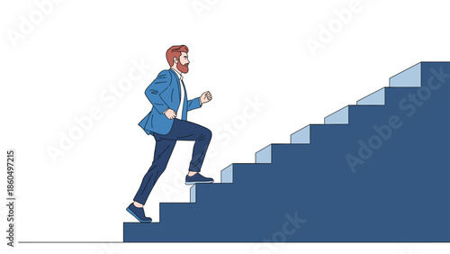 Motivated businessman in a blue jacket running up a staircase, symbolizing career growth, success, and ambition in a line art illustration.