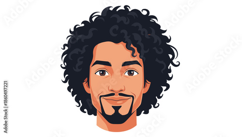 Vector avatar illustration of a handsome, friendly man with dark curly hair, brown eyes, and a stylish goatee smiling warmly at the viewer.