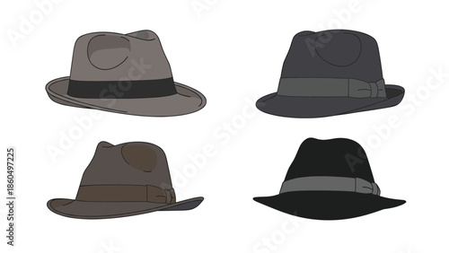 Set of four classic fedora hats in various shades of gray and brown, representing vintage style, fashion, and gangster or detective attire.