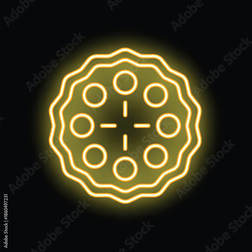 Yellow glowing neon sign depicting a revolver cylinder loaded with bullets on a black background
