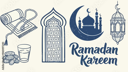 Minimalist line art design with mosque silhouette crescent moon lantern prayer rug and ramadan kareem handwritten lettering blue outline vector illustration religious festive greeting card