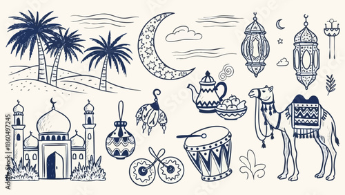 Hand drawn vector art of camel with decorative saddle and lanterns under crescent moon near desert palms and mosque with teapot and drums in traditional middle eastern style