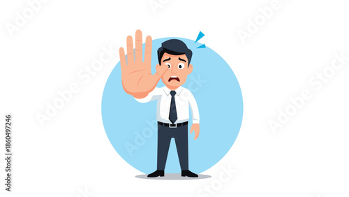 Alarmed cartoon businessman with an oversized hand making a stop gesture, expressing fear, rejection, or a strong warning about danger.
