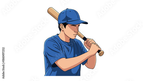 Anime style illustration of a young man wearing a blue t-shirt and cap, holding a wooden baseball bat over his shoulder with a calm look.