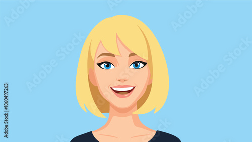Vector illustration portrait of a beautiful, happy young woman with blonde hair and blue eyes, smiling cheerfully on a simple blue background.