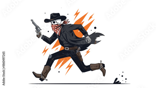 Cartoon skeleton cowboy character dressed in black running with a smoking revolver in hand, set against a dynamic orange lightning bolt background.