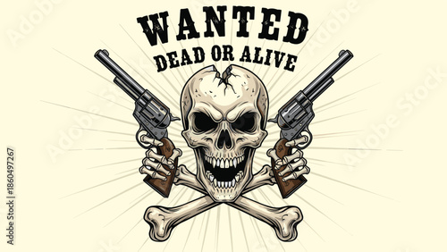 Wild west vintage poster design with a skull holding two revolvers, crossbones, and the text 'Wanted Dead or Alive' on a grunge background.