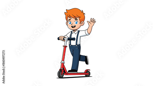 Cheerful little boy with red hair and blue eyes, wearing suspenders, happily riding a red scooter and waving hello with a friendly smile.