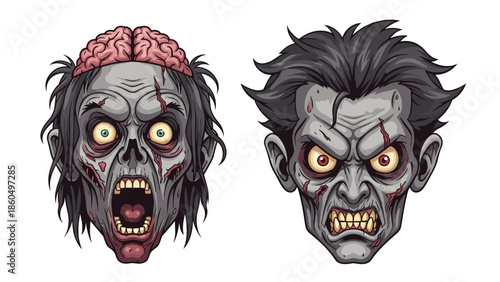 Set of two scary cartoon zombie heads with gory details like an exposed brain and sharp teeth, perfect for Halloween horror illustrations.