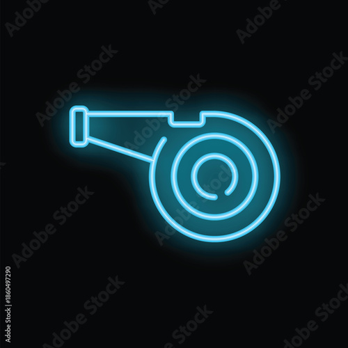 Neon blue whistle glowing on black background representing concepts of sport, competition and referee