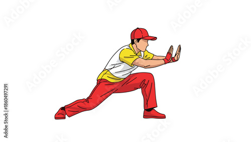 Man in a red cap and athletic clothes practicing a martial arts stance, pushing forward with open hands in a defensive or offensive move.