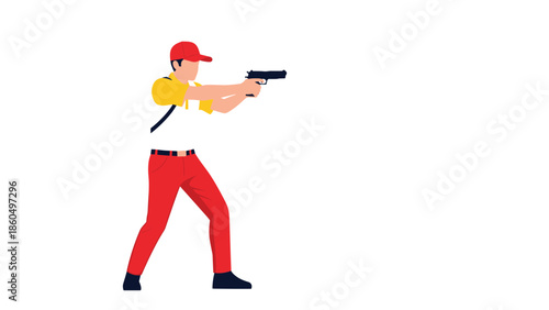 Man in a red cap and casual clothes standing in a shooting stance and aiming a pistol, depicted in a minimalist flat design vector style.