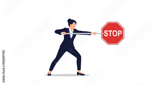 Determined businesswoman in a suit using a large red stop sign as a weapon or shield to block or prevent something from happening.