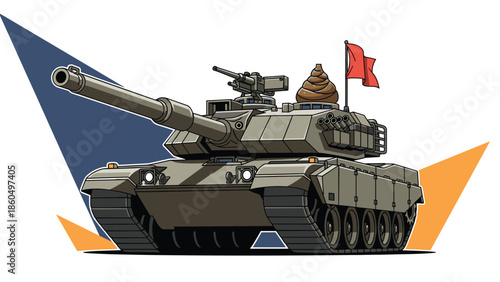 Humorous cartoon illustration of a military battle tank with a piece of poop and a red flag on top, representing a bad or failed army.