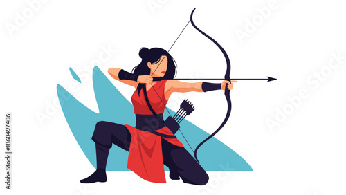 Female archer in a dynamic kneeling pose, aiming a bow and arrow, representing strength, focus, and precision in a modern flat style.