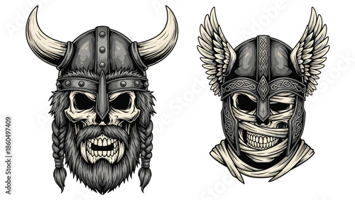 Set of two ancient warrior skulls, including a bearded viking with a horned helmet and a mummy with a winged helmet and bandages.