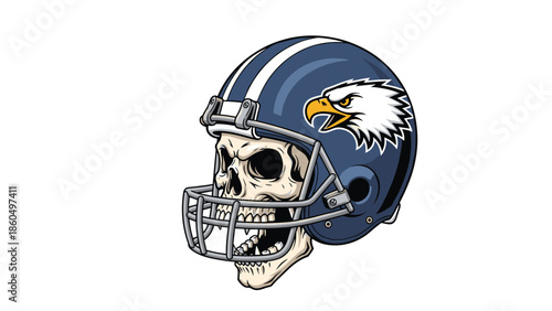 Aggressive skull wearing a blue American football helmet with an eagle logo, representing a tough and fierce sports team mascot.