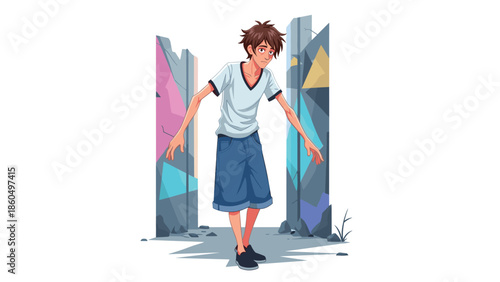 Anime style illustration of a skinny, tired-looking young man walking through a desolate, ruined urban environment with graffiti.