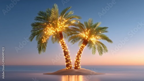 Festive Tropical Palm Trees Illuminated with Golden Lights on a Small Island at Sunset