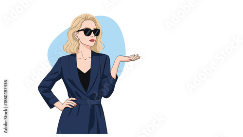 Stylish blonde woman in a fashionable blue coat and sunglasses, presenting something with an open palm gesture in a pop art style.