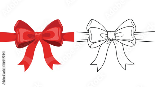 Elegant red ribbon bow for decorating gifts or presents, shown as a colorful vector illustration and a black and white outline for coloring.