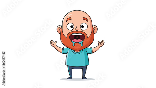 Funny cartoon character of a bald man with a red beard, drooling with excitement and open arms, looking at something delicious.