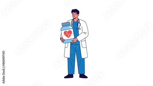 Friendly male doctor holding a large bottle of heart pills or medicine, representing cardiology, healthcare, and medical treatment.