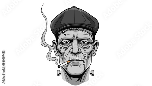 Monochrome illustration of Frankenstein's monster as a gangster, wearing a flat cap and smoking a cigarette in a peaky blinders style.