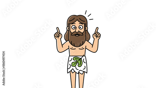 Cute and simple cartoon of Adam from the bible, covered with a fig leaf and pointing upwards with an idea or realization.