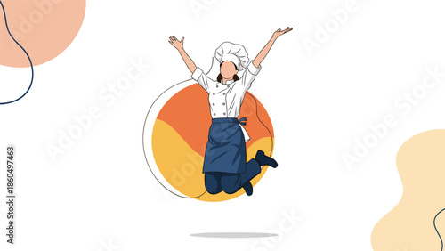 Joyful female chef in a professional uniform jumping in the air with arms raised, celebrating a culinary success or a happy moment.