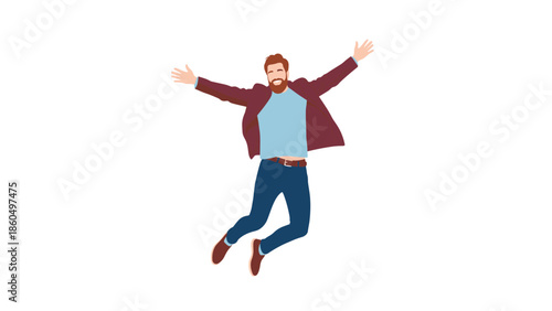 Happy bearded man in casual clothes jumping in the air with his arms outstretched, expressing joy, freedom, and excitement.