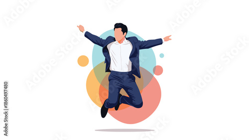 Happy businessman in a suit jumping for joy with arms outstretched against a background of colorful circles, celebrating success.