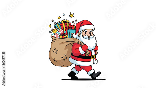 Happy Santa Claus walking with a large sack full of colorful gifts and presents, bringing joy and celebration for the Christmas holiday.