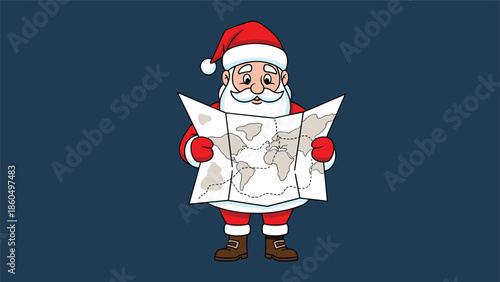 Confused or lost Santa Claus standing and looking at a world map, trying to find his route for delivering Christmas presents.