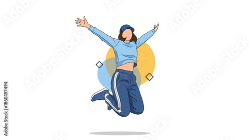 Happy young woman in casual street style clothes jumping in the air with arms outstretched, expressing joy, freedom, and youthful energy.