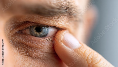 Closeup of a mans eye with a finger touching the lower eyelid showing a tired or irritated expression.