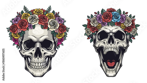 Two vintage-style vector illustrations of human skulls, one calm and one screaming, both adorned with colorful rose flower wreaths.