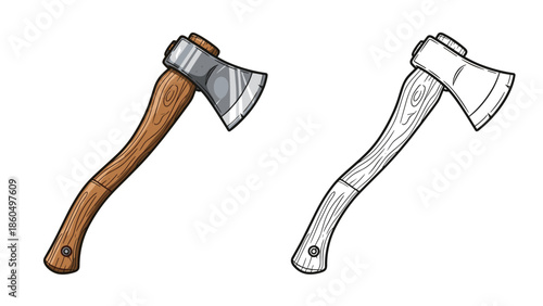 Vector illustration of a classic hand axe with a wooden handle and steel head, shown in both full color and black outline.