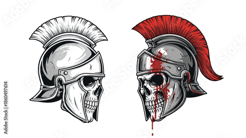 Two vector illustrations of human skulls in ancient Roman or Greek gladiator helmets, one clean and one bloody after battle.