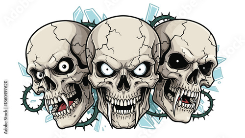 Menacing illustration of three vampire skulls with sharp fangs and glowing eyes, set against a background of shattered glass.