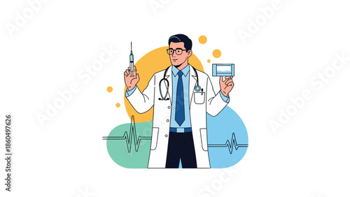 Professional male doctor in a lab coat and stethoscope holding up a syringe and a vial of medicine or vaccine.