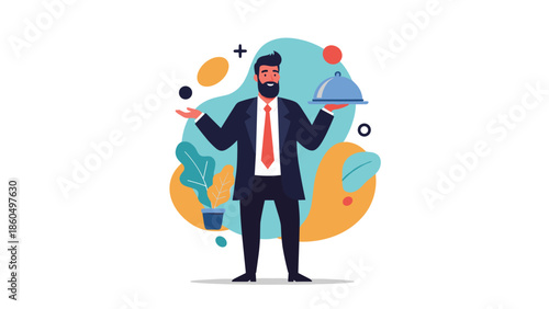 Stylish bearded businessman in a suit holding a silver serving cloche, symbolizing premium service or a new product launch.