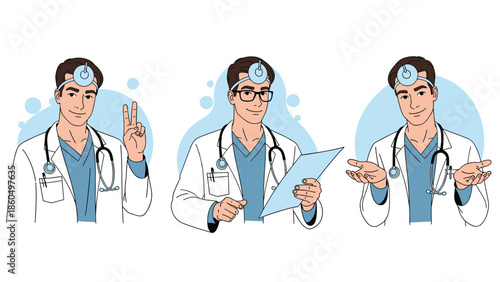 Set of three illustrations showing a handsome young male doctor in various poses: giving a peace sign, holding a clipboard, and welcoming.