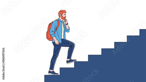 Young man with a red beard and a backpack thoughtfully climbing a flight of stairs, representing a journey or personal growth.