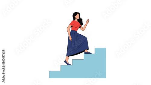 Modern flat illustration of a young woman in casual clothes confidently walking up a flight of stairs toward her goals.